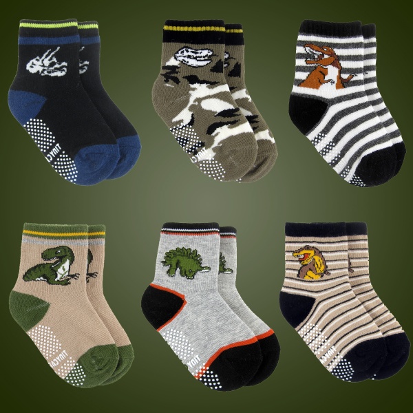 Toddler Baby Dinosaur Socks With Non Slip Grips 6 Pack - Product Details